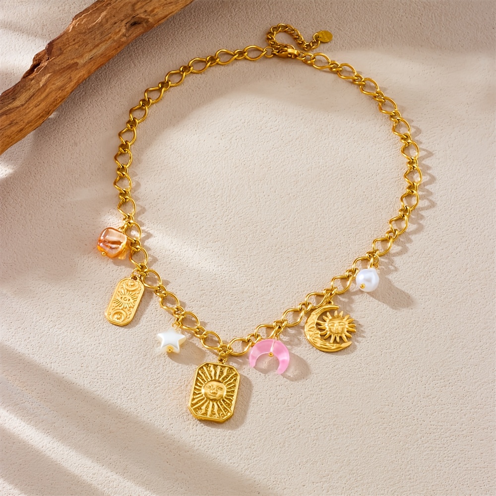 Golden Stainless Steel Necklace with Sun Square & Moon Decorative Design